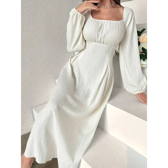 Size 12 Midi Dress Semi-Sheer Cross Tie Lantern Sleeve Drawstring Waist White - Picture 3 of 6